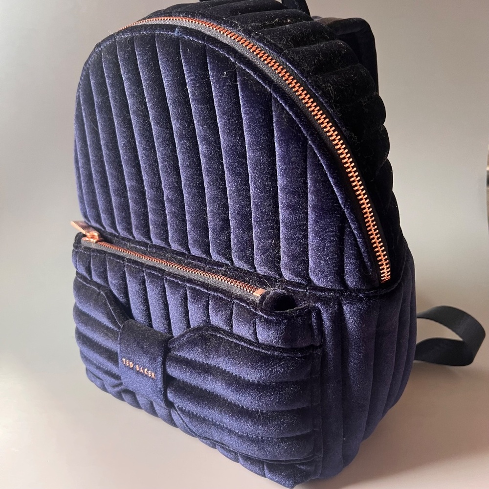 Ted Baker London Velvet Mini Backpack Navy Quilted Bow Rose Gold Hardware NWT